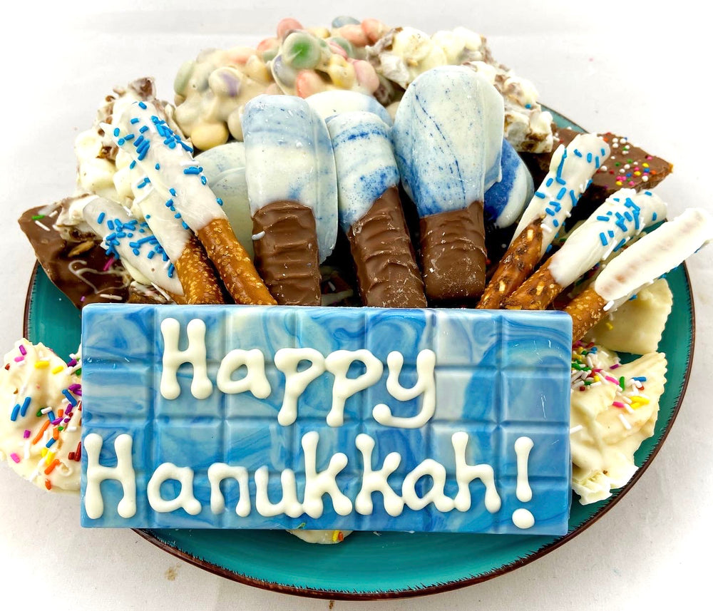 Hanukkah platter including personalized chocolate bar