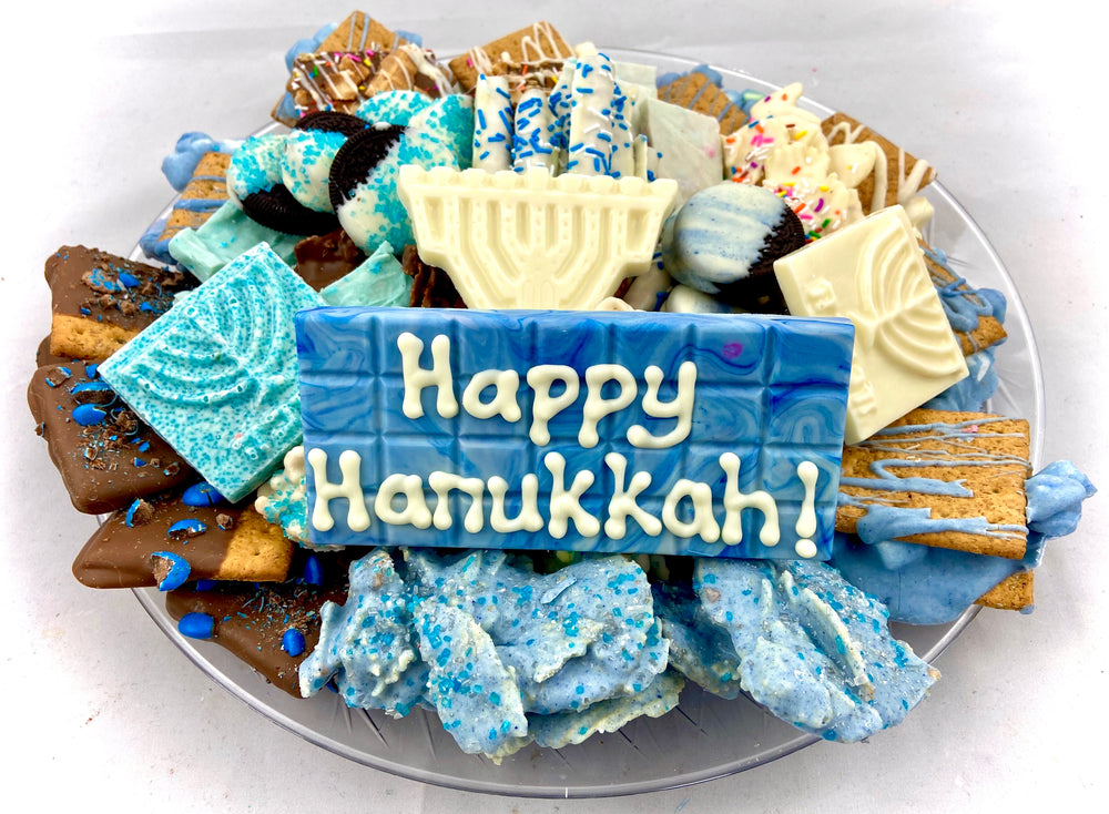 Hanukkah platter including personalized chocolate bar