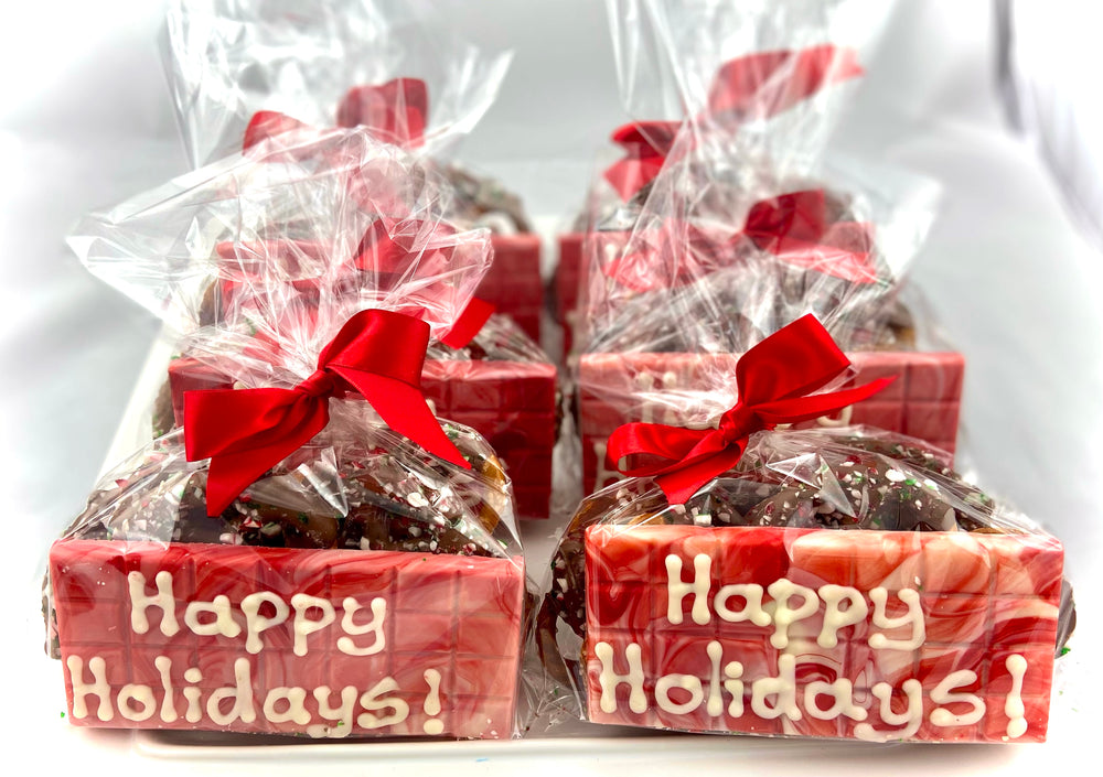 Holiday loot bag with personalized chocolate bar